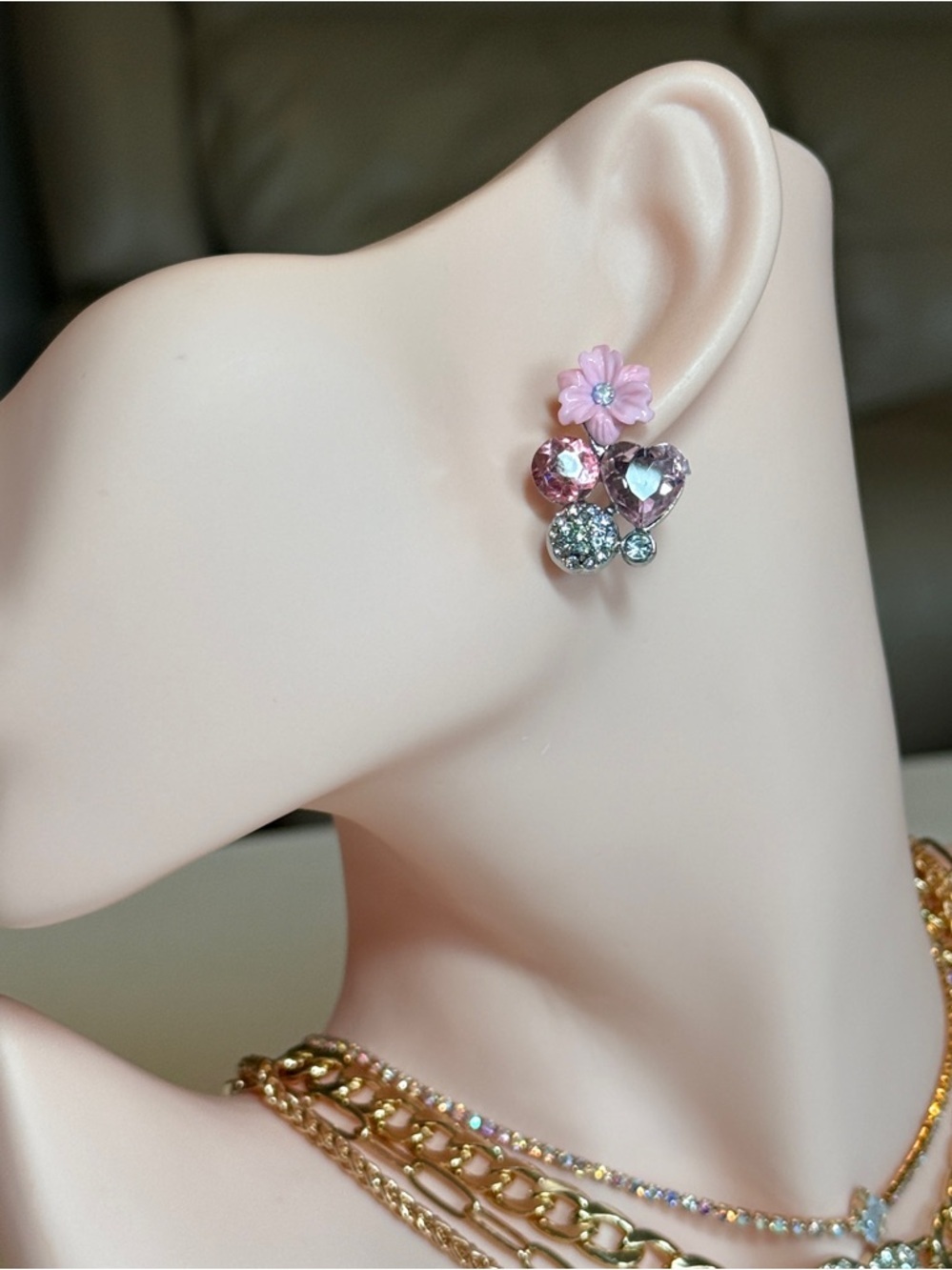 Pink Floral Cluster Crystal Stud Earrings